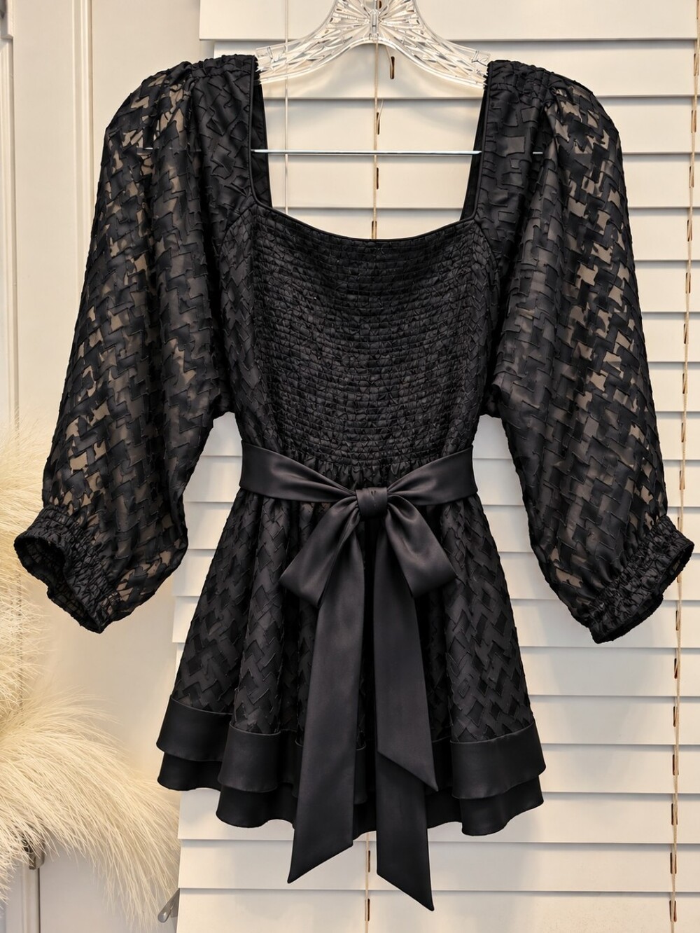 ECI Black Sheer Puff-Sleeve Peplum Top with Satin Waist Tie